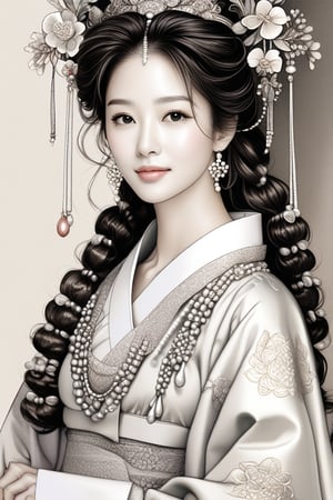 a full body sketch photo of breathtakingly glamorous 40 years old korean woman with intricate facial features emanating mesmerizing beauty adorned with necklace and head ornament, (highly detailed pearl satin korea hanbok:1.4), feminine, slightly wavy hair, shoulder length hair, ek_art_b00ster, absurdres, bright large eyes, ulzzang, flat chest, very wide waist, big shoulder, big arms, monochome, greyscale, pencil sketch, (charcoal rendering:1.4),