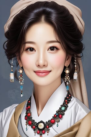 A potrait of breathtakingly glamorous 40 years old korean woman with intricate facial features emanating mesmerizing beauty adorned with intrique stone necklace and closed hijab, Korean hanbok, feminine, wavy hair, shoulder length hair, ek_art_b00ster, absurdres, bright large eyes, ulzzang, flat chest, very wide waist, big shoulder, big arms, monochome, greyscale, 2B_pencil sketch, charcoal rendering, 