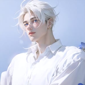 More nature colors around please. It's a boy, стоичный. Older man. Comfort, 20 years male. Sharply defined jawline. Long hair. Smooth lineart. Medium, normal tight male body and appearance. Generate him at the blue and white flower background, calm and sleepy with blue eyes. No gold.,