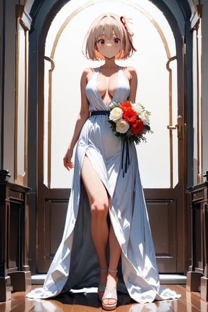  (masterpiece, best quality, ultra-detailed, 8K),(picture-perfect face),best quality.Chisato Nishikigi from lycoris recoil , white hair, full body , braless, from the front,  bouquet of Lycoris radiata, elegant women's platform sandals, white full dress