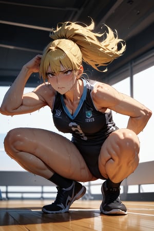  (masterpiece, best quality, ultra-detailed, 8K),(picture-perfect face),best quality,Kikoru Shinomiya from kaiju 8, blonde hair, full body,braless, sleeveless shirt, black shorts,volleyball uniform, mature female. strong, volleyball sexy pose, pantless, exhausted,sweaty, very sweaty,ponytail