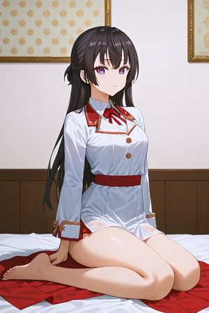  (masterpiece, best quality, ultra-detailed, 8K),(picture-perfect face),best quality, anime style, 1girl, detailed hair, solo, detail eye, full body
,yuki Suou  , black hair, long hair, half updo, hair between eyes, purple eyes,  bed clothes ,sexy  ,sexy pose, beautiful_female_fingers,pantless,sexy clothes, white long shirt that is covering down to her legs