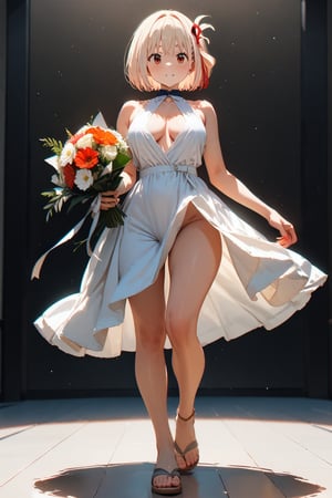  (masterpiece, best quality, ultra-detailed, 8K),(picture-perfect face),best quality.Chisato Nishikigi from lycoris recoil , white hair, full body , braless, from the front,  bouquet of Lycoris radiata