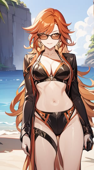 ((masterpiece, 1girl)), best quality, confident pose. smile. looking at camera. Mavuika from Genshin Impact in bikkini in a beach. 
mature female. tough. strong.  red/orange hair, long hair, with the mavuika sunglasses
