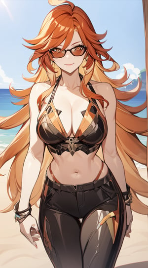 ((masterpiece, 1girl)), best quality, confident pose. smile. looking at camera. Mavuika from Genshin Impact in bikkini in a beach. 
mature female. pants. tough. strong.  red/orange hair, long hair, with the mavuika sunglasses
