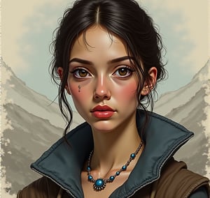 Portrait in digital art technique. The painting shows a woman in a bust, staring with hypnotizing eyes straight ahead at the viewer.  It is worth admiring the meticulousness with which the author depicted every detail of the character's hairstyle and outfit - especially the jewelry element of blue beads decorating the model's slender neck. The image captured the subtlety and sensitivity of the woman depicted. Meticulously reproduced facial features of a West Slavic woman. Protruding cheekbones were perfectly depicted by delicate strokes of the line. The characters' dark eyes give the impression of unusual depth of gaze. The woman's face and neck contrasted with a strongly outlined background depicting a harsh hilly landscape.