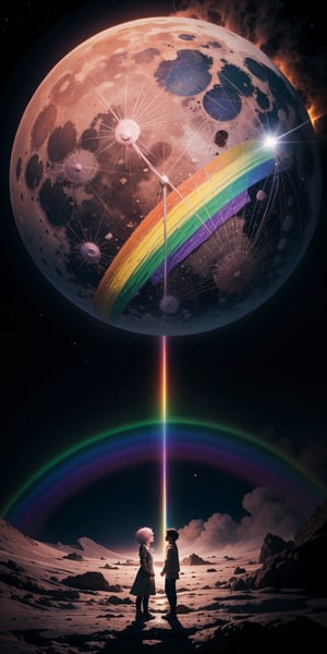 (warm light source:), intricate details, volumetric lighting, (masterpiece), (best quality), 4k, ultra-detailed, (dynamic composition), highly detailed, colorful details, (rainbow colors), (glowing lighting, atmospheric lighting),  girl and boy raimbow(pink/platinum hair) looking the planet La Tierra from the moon,