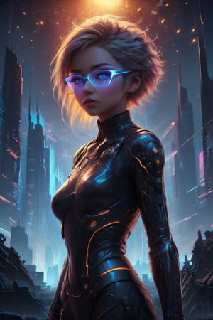 A captivating cyberpunk girl stands amidst a futuristic metropolis, wearing clear neon glasses that refract the city's dazzling lights. Her piercing gaze is set off by intricate, golden-ratio details on her face and clothes. In stunning 32K UHD, she poses against a decadent, highly detailed digital backdrop, reminiscent of Octane Render's artistry. Heartwarming, uplifting, and charming, this masterpiece features sharp focus, smooth textures, and exquisite eyes that seem to sparkle with inner light. The setting sun casts beautiful rim lighting, subsurface scattering, and subtle light leaks, casting a warm glow on the city's towering skyscrapers.