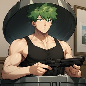 score_9, score_8_up, score_7_up, score_6_up, score_5_up, score_4_up, source_anime, BREAK,rating_safe,shinzo, 1boy, male focus, green hair, solo, tank top, green eyes, black tank top, holding, indoors, closed mouth, cleaning, upper body, in trash can, looking down, gun, 