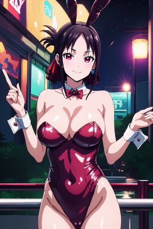 Highly detailed background, 1girl, solo, (cowboy shot), large breasts, cleavage, night sky, full moon, Anime, smile, ,,dress,bare shouldersearrings,aahayasaka, side ponytail, large breasts,playboy bunny, wrist cuffs, bowtie, leotard, playboy_bunny_leotard, satin leotard, rabbit ears, (red leotard), bunny ears, fake_animal_ears,Playboy bunny,liw_kaguya, kaguya_liv,eft_liw_kaguya, black hair, ribbon, hair ribbon, parted bangs, folded ponytail, bangs, sidelocks, solo, red ribbon, closed mouth, red eyes