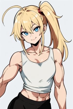 1girl solo, Irina1_DBAF, upperbody, confident, smile, blonde, bangs, ahoge, side_ponytail, long_hair, blue_eyes, (sharp eyes), long ponytail, tanktop, pants,muscular female, simple_background