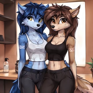 krylla, 2girls, medium breasts, tank top, cleavage, sluts, midriff, sweatpants, baggy pants, cowboy shot, furry females, blue body fur, brown body fur, long hair, straight hair, shiny skin, tender smile,