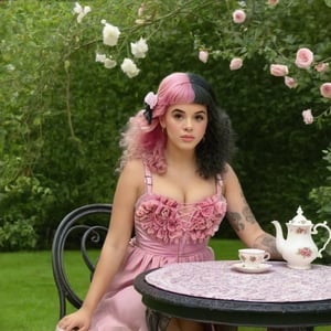  a girl who is sitting at a table ready for a tea hour, she along with the chairs and table is outside so in the background there is a beautiful garden with flowers, she wears a pink dress and a pink hat that matches her dress, the girl has fluffy pink and black hair ,black split dye, 4k, 18k, hairstyle, perfect face, After School, Melanie, Adele, Long hair, masterpiece high quality 18K, Hyperrealism, Realistic vision, rosy cheeks, realistic woman, a girl, Woman, best quality, woman, high quality, good lighting, A woman, with split hair, After School, girl, beauty, a girl who is sitting at a table ready for a tea hour, she along with the chairs and table is Outside, in the background there is a beautiful garden with flowers, she wears a pink dress and a pink hat that matches her dress, she has pink and black curly fluffy hair, black split dye, garden, tea time, elegant table , elegant chairs, elegant tea cups and roses, garden, flowers, bushes, pink, elegant, tea time in the garden