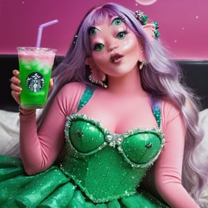 Pink and purple makeup, gorgeous makeup, sit on a bed she is with a powerful bright green posion/soda-like drink in her right hand, GREEN POSION SODA, DRINK, HAND DRINK ON THE HAND, long train skirt, galaxy00, pink skin, four eyes, Full body, a girl, silver green hair, cured and detailed outfit, her hair is long and wavy, her hair is long, 4k, 18k, hairstyle, perfect face, Melanie, Adele, Long hair, masterpiece high quality 18K, Hyperrealism, Realistic vision, rosy cheeks, realistic woman, a girl, Woman, best quality, woman, high quality, good lighting, A woman,galaxy00, Long hair, Pink skin, four eyes, Fancy , model, A woman