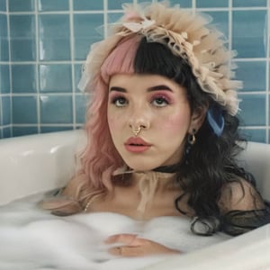 1girl, long straight split dye mullet hair with bangs, black and pink hair, light gray tulle frill shepherd's hat, bath, bathroom, a tub of water,  blue tiles, retro style, retro, retro colors, nose ring, brown eyes, cute face, long lashes, gold elements, lips dirty pink, black eyebrows, pale skin, high quality 18K, Hyperrealism, Realistic vision, rosy cheeks, freckles, high eyes quality, high face quality