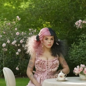  a girl who is sitting at a table ready for a tea hour, she along with the chairs and table is outside so in the background there is a beautiful garden with flowers, she wears a pink dress and a pink hat that matches her dress, the girl has fluffy pink and black hair ,black split dye, 4k, 18k, hairstyle, perfect face, After School, Melanie, Adele, Long hair, masterpiece high quality 18K, Hyperrealism, Realistic vision, rosy cheeks, realistic woman, a girl, Woman, best quality, woman, high quality, good lighting, A woman, with split hair, After School, girl, beauty, a girl who is sitting at a table ready for a tea hour, she along with the chairs and table is Outside, in the background there is a beautiful garden with flowers, she wears a pink dress and a pink hat that matches her dress, she has pink and black curly fluffy hair, black split dye, garden, tea time, elegant table , elegant chairs, elegant tea cups and roses, garden, flowers, bushes, pink, elegant, tea time in the garden