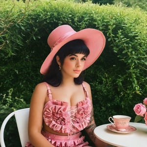  a girl who is sitting at a table ready for a tea hour, she along with the chairs and table is outside so in the background there is a beautiful garden with flowers, she wears a pink dress and a pink hat that matches her dress, the girl has fluffy pink and black hair ,black split dye, 4k, 18k, hairstyle, perfect face, After School, Melanie, Adele, Long hair, masterpiece high quality 18K, Hyperrealism, Realistic vision, rosy cheeks, realistic woman, a girl, Woman, best quality, woman, high quality, good lighting, A woman, with split hair, After School, girl, beauty, a girl who is sitting at a table ready for a tea hour, she along with the chairs and table is Outside, in the background there is a beautiful garden with flowers, she wears a pink dress and a pink hat that matches her dress, she has pink and black curly fluffy hair, black split dye, garden, tea time, elegant table , elegant chairs, elegant tea cups and roses, garden, flowers, bushes, pink, elegant, tea time in the garden