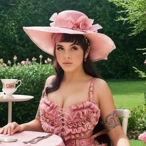  a girl who is sitting at a table ready for a tea hour, she along with the chairs and table is outside so in the background there is a beautiful garden with flowers, she wears a pink dress and a pink hat that matches her dress, the girl has fluffy pink and black hair ,black split dye, 4k, 18k, hairstyle, perfect face, After School, Melanie, Adele, Long hair, masterpiece high quality 18K, Hyperrealism, Realistic vision, rosy cheeks, realistic woman, a girl, Woman, best quality, woman, high quality, good lighting, A woman, with split hair, After School, girl, beauty, a girl who is sitting at a table ready for a tea hour, she along with the chairs and table is Outside, in the background there is a beautiful garden with flowers, she wears a pink dress and a pink hat that matches her dress, she has pink and black curly fluffy hair, black split dye, garden, tea time, elegant table , elegant chairs, elegant tea cups and roses, garden, flowers, bushes, pink, elegant, tea time in the garden