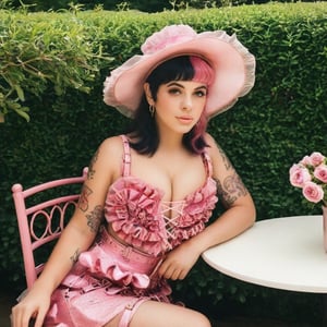  a girl who is sitting at a table ready for a tea hour, she along with the chairs and table is outside so in the background there is a beautiful garden with flowers, she wears a pink dress and a pink hat that matches her dress, the girl has fluffy pink and black hair ,black split dye, 4k, 18k, hairstyle, perfect face, After School, Melanie, Adele, Long hair, masterpiece high quality 18K, Hyperrealism, Realistic vision, rosy cheeks, realistic woman, a girl, Woman, best quality, woman, high quality, good lighting, A woman, with split hair, After School, girl, beauty, a girl who is sitting at a table ready for a tea hour, she along with the chairs and table is Outside, in the background there is a beautiful garden with flowers, she wears a pink dress and a pink hat that matches her dress, she has pink and black curly fluffy hair, black split dye, garden, tea time, elegant table , elegant chairs, elegant tea cups and roses, garden, flowers, bushes, pink, elegant, tea time in the garden