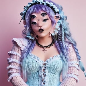  A striking fashion-forward image of a woman on a completely white background. She has long, purple n black ruffled curly hair adorned with bows and braids, and wears a balaclava made of pastel pink crochet and baby blue. The outfit is a captivating blend of baby blue and chick yellow crochet, featuring chains and star pendants in a Y2K fashion style. Posing elegantly with thorn rings and her cascading hair, she is a perfect embodiment of alternative fashion. Her outfit, facial features, and tied alternative hairstyle create an ethereal elf-like aesthetic. The image has a cinematic quality, showcasing a unique and eye-catching fashion statement., fashion, cinematic ,Melanie ,Adele,a woman
