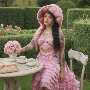 a girl who is sitting at a table ready for a tea hour, she along with the chairs and table is outside so in the background there is a beautiful garden with flowers, she wears a pink dress and a pink hat that matches her dress, the girl has fluffy pink and black hair ,black split dye, 4k, 18k, hairstyle, perfect face, After School, Melanie, Adele, Long hair, masterpiece high quality 18K, Hyperrealism, Realistic vision, rosy cheeks, realistic woman, a girl, Woman, best quality, woman, high quality, good lighting, A woman, with split hair, After School, girl, beauty, a girl who is sitting at a table ready for a tea hour, she along with the chairs and table is Outside, in the background there is a beautiful garden with flowers, she wears a pink dress and a pink hat that matches her dress, she has pink and black curly fluffy hair, black split dye, garden, tea time, elegant table , elegant chairs, elegant tea cups and roses, garden, flowers, bushes, pink, elegant, tea time in the garden