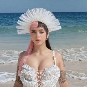 a girl who is entering the sea on a beach, she wears a beautiful long white dress with a white hat with pearls for decoration, the girl has fluffy pink hair black split dye, 4k, 18k, hairstyle, perfect face, After School, Melanie , Adele, Long hair, masterpiece high quality 18K, Hyperrealism, Realistic vision, rosy cheeks, realistic woman, a girl, Woman, best quality, woman, high quality, good lighting, A woman, with split hair, After School, girl, beauty, a girl who is entering the sea on a beach, the girl has fluffy, curly, black split dye pink and black hair, she has a big and beautiful white dress with a white hat, decorated with pearls, she even has a pearl in her right hand, sea, beach, pearls, white dress with pearls, white hat with pearls, pearls, pearls, mother of pearl, sea of ​​pearls