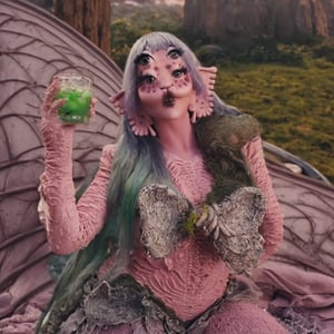  Pink and purple makeup, gorgeous makeup, sit on a bed she is with a powerful bright green posion/soda-like drink in her right hand, GREEN POSION SODA, DRINK, HAND DRINK ON THE HAND, long train skirt, galaxy00, pink skin, four eyes, Full body, a girl, silver green hair, cured and detailed outfit, her hair is long and wavy, her hair is long, 4k, 18k, hairstyle, perfect face, Melanie, Adele, Long hair, masterpiece high quality 18K, Hyperrealism, Realistic vision, rosy cheeks, realistic woman, a girl, Woman, best quality, woman, high quality, good lighting, A woman,galaxy00, Long hair, Pink skin, four eyes, Fancy , model, A woman