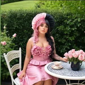  a girl who is sitting at a table ready for a tea hour, she along with the chairs and table is outside so in the background there is a beautiful garden with flowers, she wears a pink dress and a pink hat that matches her dress, the girl has fluffy pink and black hair ,black split dye, 4k, 18k, hairstyle, perfect face, After School, Melanie, Adele, Long hair, masterpiece high quality 18K, Hyperrealism, Realistic vision, rosy cheeks, realistic woman, a girl, Woman, best quality, woman, high quality, good lighting, A woman, with split hair, After School, girl, beauty, a girl who is sitting at a table ready for a tea hour, she along with the chairs and table is Outside, in the background there is a beautiful garden with flowers, she wears a pink dress and a pink hat that matches her dress, she has pink and black curly fluffy hair, black split dye, garden, tea time, elegant table , elegant chairs, elegant tea cups and roses, garden, flowers, bushes, pink, elegant, tea time in the garden