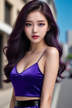 A glossy photo of young korean woman in the street, 15 years old, sexy and cute style, long dark purple wavy hair, photorealistic, high fashion, high detailed, wearing a purple shirt sleeveless, black short skirt,full lips, (big ocean blue eyes),,<lora:659095807385103906:1.0>