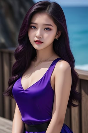 A glossy photo of young korean woman, 15 years old, sexy and cute style, long dark purple wavy hair, photorealistic, high fashion, high detailed, wearing a purple shirt sleeveless, black short skirt,full lips, (big ocean blue eyes),,<lora:659095807385103906:1.0>