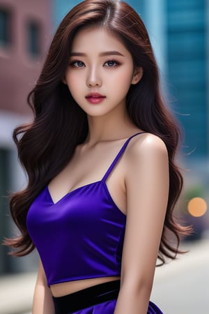 A glossy photo of young korean woman in the city, 15 years old, sexy and cute style, long dark purple wavy hair, photorealistic, high fashion, high detailed, wearing a purple shirt sleeveless, black short skirt,full lips, (big ocean blue eyes),,<lora:659095807385103906:1.0>