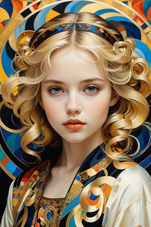 A beautiful girl, blonde hair, dynamic character, detailed exquisite face, bold high quality, high contrast, patchwork, vibrant colors, looking at viewer, intricate gold patterns, swirling motifs, (Gustav Klimt and Mucha and Caravaggio style artwork),art_booster, 