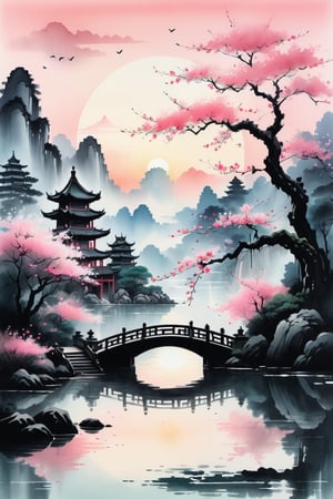 ink scenery, no humans, sunset, lake in the middle of the forest, big trees, blooming branches, pink flowers on the water, big temple with stairs, Chinese bridge over the pond, muted colors,  negative space,  chinese ink drawing