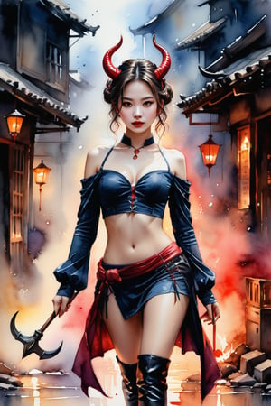 Fantasy Painting,Watercolor, best quality, masterpiece, beautiful and aesthetic, 16K, (HDR:1.2), high contrast, (vibrant color:1.3), (muted colors, dim colors, soothing tones:0), cinematic lighting, ambient lighting, sidelighting, Exquisite details and texturesGroundcore, Orientalism ,cute girl,((devil)),(Sexy Clothes), realistic, Walking in a strutting pose, masterpiece, best quality, aesthetic, Create an image using(( junk art elements)), with repurposed materials, found objects, and a sense of resourcefulness and creativity,ct-niji2,watercolor,