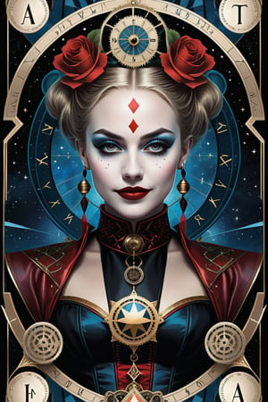 symmetrical, steampunk, portrait of harly quinn in tarot card style, intricate detail, merge mystery of tarot and endless beauty of space, dark palette, artwork, crisp lines, rough aesthetics, masterpiece, abstract, surrealism, realistic, detailed, high resolution, 

Leonardo Style,Movie Poster,MoviePosterAF