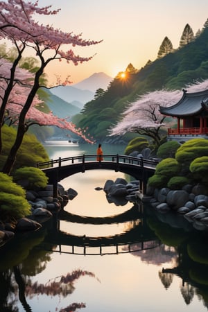 A serene scene unfolds: a lone female figure stands at the edge of a tranquil lake, situated amidst a dense forest. The setting sun casts warm hues upon the surrounding foliage, with blooming branches of cherry trees stretching towards the sky. A traditional Chinese bridge arches over the water, its intricately carved rails reflected in the calm lake. In the distance, a small wooden boat gently rocks on the shore, surrounded by an expanse of negative space. The entire composition is rendered in soft, expressive lines reminiscent of Chinese ink drawing.