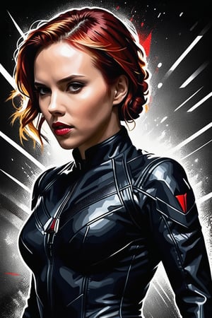 Scarlett johansson, Avengers Black Widow style suit, shadow boxing, art poster by gian galang, (((art style by gian galang))), (((design by gian galang))) , neck tattoos by andy warhol, sensual, sexy, very beautiful ñ, fight poster style, asian art, chequer board, mma, octogon, bright contrasting colours, stipple, black n white, ,Extremely Realistic, sharp focus, bokeh, intricate, UHD, 8K, masterpiece, perfect volumetric lighting, Epic light, intense colors, vibrant colors, chromatic aberration, full length poster,ink ,style