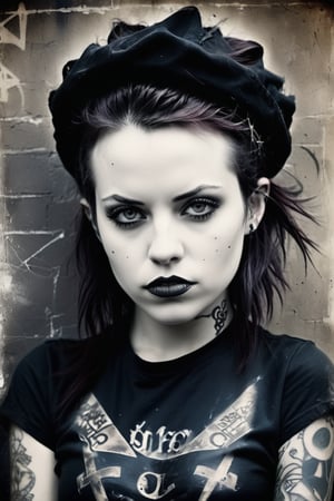 Portrait of a female rocker, expressive eyes, tattoos, attitude, sultry, pictorialism, dystopian, grim dark, goth, chiaroscuro, contrast, surrealism, gritty background, , grunge, graffiti