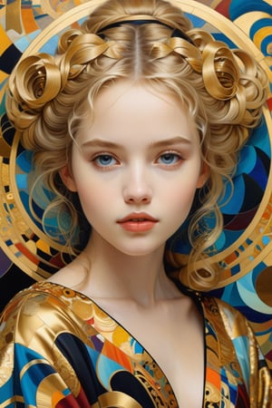 A beautiful girl, blonde hair, dynamic character, detailed exquisite face, bold high quality, high contrast, patchwork, vibrant colors, looking at viewer, intricate gold patterns, swirling motifs, (Gustav Klimt and Mucha and Caravaggio style artwork),art_booster, 