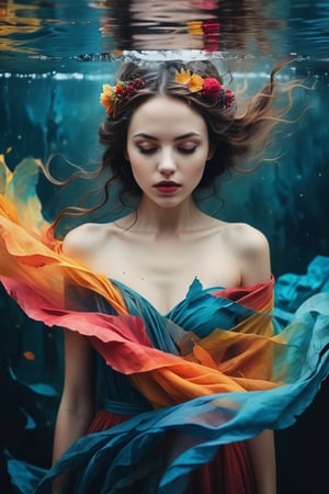 (best quality,8K,highres,masterpiece), ultra-detailed, double exposure imagery that merges the ethereal, surreal styles of Natalia Drepina and Brooke Shaden with a vibrant, colorful twist. Set against a backdrop of vintage cracked paper, this piece becomes a dynamic and unusual exploration of color and form. It combines hauntingly beautiful figures with surreal landscapes, all infused with vivid, luminous colors that breathe life into the composition. The artwork is designed to captivate and intrigue, drawing the viewer into a deeply emotional and abstract narrative, while the colorful palette adds a layer of vibrancy and depth to the surreal and timeless aesthetic.