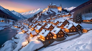 Nightfall over a snow-covered village: Warmly lit traditional houses with steep roofs, designed to preserve the tranquility of the scene, stand amidst the star-studded night sky. Soft light emanates from windows and doors, casting gentle shadows on the snow-covered streets. The air is crisp, with a hint of woodsmoke carried by the winter breeze.