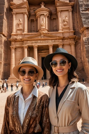 A portrait photo of two different stunning fashion East Asian tourists at Petra, Jordan, taken with an 85mm f/1.4 lens. The shot features soft sunlight from behind, creating gentle shadows and a warm, inviting atmosphere amidst the ancient rock-cut architecture. The east-asian woman is in her 40s, dressed in elegant, fashionable clothing suitable for the warm desert climate, and wearing a stylish fashion hat. Her 70s mother stands beside her, also dressed elegantly, reflecting the fashion of her era. They both stand confidently against the backdrop of Petra’s iconic Treasury, smiling and relaxed. The image captures the timeless beauty of Petra and the elegance of the women, conveying a sense of adventure, sophistication, and the thrill of exploring historic sites.