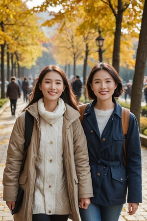 a portrait photo of  2 east-asian tourists traveling to China during autumn, taken with an 85mm f/1.4 lens. The shot features soft sunlight from behind, creating gentle shadows and a warm, inviting atmosphere. The group consists of stunning-beautiful woman in her 30s taking her mother in her 60s on a trip. Each person has a distinct face and they are relaxed, smiling, and dressed in Fashion clothing suitable for the  autumn weather. Their face are Oval, round, square and heart-shaped. They are engaged in various activities such as taking photos, eating, and enjoying outdoor activities. The image conveys joy, fun, and excitement of the trip. everyone must looked different
