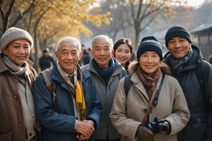 a portrait photo of 7 elder-thai-tourists traveling to China during autumn, taken with an 85mm f/1.4 lens. The shot features soft sunlight from behind, creating gentle shadows and a warm, inviting atmosphere despite the snowy weather. The group consists of a stunning beautiful woman in her 70s taking her husband in his 75s and her friends on a trip. Each person has a distinct face and they are both relaxed, smiling, and dressed in fashion clothing suitable for the cool winter weather with snow. They are engaged in various activities such as taking photos, eating, and enjoying outdoor activities. The image conveys joy, fun, and excitement of the trip.  
