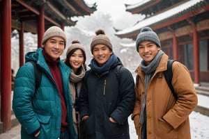 a portrait photo of different 4 east-asian tourists traveling to China during winter, taken with an 85mm f/1.4 lens. The shot features soft sunlight from behind, creating gentle shadows and a warm, inviting atmosphere despite the snowy weather. The group consists of stunning-beautiful weman and men in their 20s on a trip. Each person has a distinct face and they are relaxed, smiling, and dressed in autumn Fashion . Their face are Oval, round, square and heart-shaped. They are engaged in various activities such as taking photos, eating, and enjoying outdoor activities. The image conveys joy, fun, and excitement of the trip. everyone must looked different
