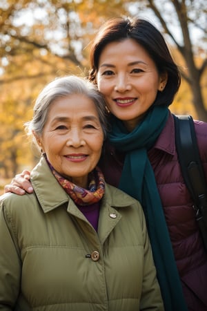 a portrait photo of east-asian tourists, the daughter and 70s grand mother, traveling to China during autumn, taken with an 85mm f/1.4 lens. The shot features soft sunlight from behind, creating gentle shadows and a warm, inviting atmosphere. The stunning-beautiful woman in her 30s taking her 70s grand mother on a trip. Each person has a distinct face and they are relaxed, smiling, and dressed in autumn Fashion. The image conveys joy, fun, and excitement of the trip. 
