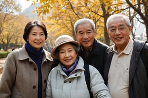 a portrait photo of 7 elder-thai-tourists traveling to China during autumn, taken with an 85mm f/1.4 lens. The shot features soft sunlight from behind, creating gentle shadows and a warm, inviting atmosphere despite the snowy weather. The group consists of a woman in her 70s taking her husband in his 75s and her friends on a trip. Each person has a distinct face and they are both relaxed, smiling, and dressed in fashion clothing suitable for the cool autumn weather with. They are engaged in various activities such as taking photos, eating, and enjoying outdoor activities. The image conveys joy, fun, and excitement of the trip.  
