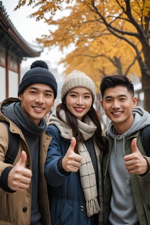 a portrait photo of different 4 east-asian tourists traveling to China during winter, taken with an 85mm f/1.4 lens. The shot features soft sunlight from behind, creating gentle shadows and a warm, inviting atmosphere despite the snowy weather. The group consists of stunning-beautiful weman and men in their 20s on a trip. Each person has a distinct face and they are relaxed,thumb up, smiling, and dressed in Fashion clothing suitable for the  autumn weather. Their face are Oval, round, square and heart-shaped. They are engaged in various activities such as taking photos, eating, and enjoying outdoor activities. The image conveys joy, fun, and excitement of the trip. everyone must looked different
