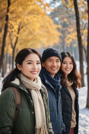 a portrait photo of 4 stunning Thai tourists traveling to China during autumn, taken with an 85mm f/1.4 lens. The shot features soft sunlight from behind, creating gentle shadows and a warm, inviting atmosphere despite the snowy weather. The group consists of a stunning beautiful woman in her 70s taking her husband in his 75s and her friends on a trip. Each person has a distinct face and they are both relaxed, smiling, and dressed in fashion clothing suitable for the cool winter weather with snow. They are engaged in various activities such as taking photos, eating, and enjoying outdoor activities. The image conveys joy, fun, and excitement of the trip.  
