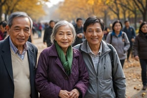 a portrait photo of 7 elder-thai-tourists traveling to China during autumn, taken with an 85mm f/1.4 lens. The shot features soft sunlight from behind, creating gentle shadows and a warm, inviting atmosphere despite the snowy weather. The group consists of a woman in her 70s taking her husband in his 75s and her friends on a trip. Each person has a distinct face and they are both relaxed, smiling, and dressed in fashion clothing suitable for the cool autumn weather with. They are engaged in various activities such as taking photos, eating, and enjoying outdoor activities. The image conveys joy, fun, and excitement of the trip.  
